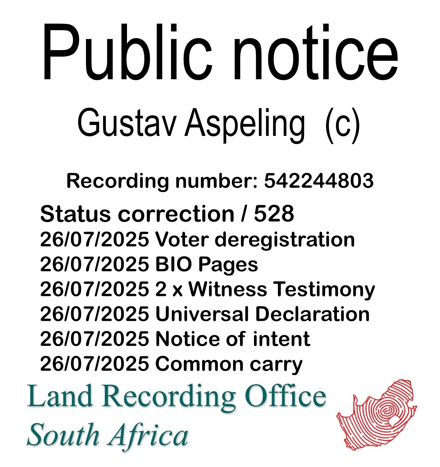 Public notice Gustav Aspeling (c) Recording number 542244803